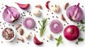 Red onions, garlic, and other spices isolated on white background. Royalty Free Stock Photo