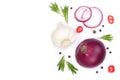 Red onions, garlic with rosemary and peppercorns isolated on a white background with copy space for your text. Top view Royalty Free Stock Photo