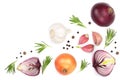 Red onions, garlic with rosemary and peppercorns isolated on a white background with copy space for your text. Top view Royalty Free Stock Photo