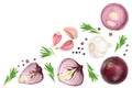 Red onions, garlic with rosemary and peppercorns isolated on a white background with copy space for your text. Top view Royalty Free Stock Photo