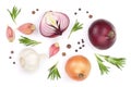 Red onions, garlic with rosemary and peppercorns isolated on a white background. Top view. Flat lay Royalty Free Stock Photo