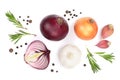 Red onions, garlic with rosemary and peppercorns isolated on a white background. Top view. Flat lay Royalty Free Stock Photo