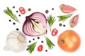 Red onions, garlic with rosemary and peppercorns isolated on a white background. Top view. Flat lay Royalty Free Stock Photo