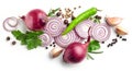 Red onions, garlic and various spices on white background Royalty Free Stock Photo