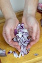 Red Onions in hands over cutting board Royalty Free Stock Photo