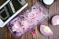 Red Onions Sliced Thinly with a Mandoline Royalty Free Stock Photo