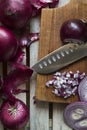 Red Onions on a rustic wooden borad