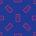 Red Online shopping on mobile phone icon isolated seamless pattern on blue background. Internet shop, mobile store app Royalty Free Stock Photo