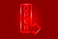 Red open arrow glowing 3D symbol, card template on red background. Vector illustration