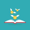 Red open book with colden dollar coins with wings flying out on blue background Royalty Free Stock Photo