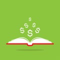 red open book with white dollar signs flying out isolated on green. Royalty Free Stock Photo