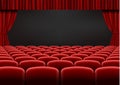 Red open curtain with seats in theater. Velvet fabric cinema curtain vector. Opened curtains and sea