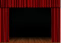 Red open curtain with spotlight and wood floor in theater. Velvet fabric cinema curtain vector. Open Royalty Free Stock Photo