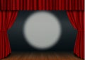 Red open curtain with wood floor and circus spotlight in theater. Velvet fabric cinema curtain Royalty Free Stock Photo