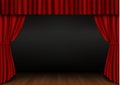 Red open curtain with wood floor in theater. Velvet fabric cinema curtain vector. Opened curtains de Royalty Free Stock Photo