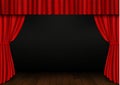 Red open curtain with wood floor in theater. Velvet fabric cinema curtain vector. Opened curtains de