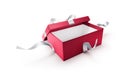 Red open gift box with silver ribbon