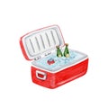 Red open lid cooler box with ice, bottles and drink can inside. Hand drawn element for camping, touring, outdoor pool or beach Royalty Free Stock Photo