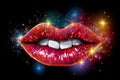 Red open lips isolated on black background colored shiny lights and sparkles, festive glamorous background by disco