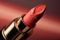 Red open lipstick closeup, decorative cosmetics. AI generated image.
