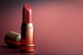 Red open lipstick closeup, decorative cosmetics, copy space for text. AI generated image.