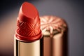 Red open lipstick closeup, macro shot, decorative cosmetics. AI generated image.