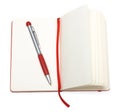 Red open notepad (paper) with pen and bookmark