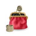 The Red, opened purse. Gold coins raining to open wallet. Golden coins money, euros dropping or falling in open purse. Vector EPS Royalty Free Stock Photo