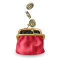 The Red, opened purse. Gold coins raining to open wallet. Golden coins money, euros dropping or falling in open purse. Vector EPS