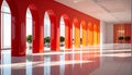 Red and orange arched corridor with potted plants and light reflections architecture Royalty Free Stock Photo