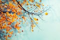 Red and orange autumn leaves on the branches against the background of the turquoise sky. Very shallow focus. Colorful foliage in Royalty Free Stock Photo