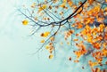 Red and orange autumn leaves on the branches against the background of the turquoise sky. Very shallow focus. Colorful foliage in Royalty Free Stock Photo