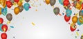 red orange balloons with confetti falling down over background. Festival and joyful mood. Christmas, New Year, birthday or Royalty Free Stock Photo