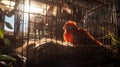 A red and orange bird sitting in a cage with some leaves, AI Royalty Free Stock Photo