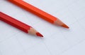 Red and a orange color wood pencil crayon placed beside one another on a white background Royalty Free Stock Photo