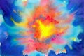 Red orange hot fire flame eruption burn splash on blue sky universe abstract sun energy power galaxy background watercolor