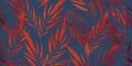 Red and orange leaves of palm tree on blue background. Abstract nature background. Autumn dry leaf pattern. Watercolor Royalty Free Stock Photo