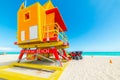 Red and orange lifeguard tower in beautiful South Beach