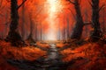 Red-orange magical autumn forest Royalty Free Stock Photo