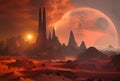 Red Orange Mars-like Planet with Satellite and Mountains, Fantasy and Science Fiction Concept Art