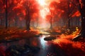 Red-orange mysterious autumn forest with river Royalty Free Stock Photo