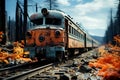 Red and orange old railway abandoned in the forest on the branches against the background of the turquoise sky Royalty Free Stock Photo