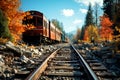 Red and orange old railway abandoned in the forest on the branches against the background of the turquoise sky Royalty Free Stock Photo