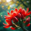 The red orange Palash flower buds and leaves are hanging in the tree Royalty Free Stock Photo