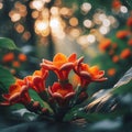 The red orange Palash flower buds and leaves are hanging in the tree Royalty Free Stock Photo