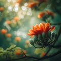 The red orange Palash flower buds and leaves are hanging in the tree Royalty Free Stock Photo