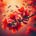 The red orange Palash flower buds and leaves are hanging in the tree Royalty Free Stock Photo