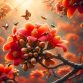 The red orange Palash flower buds and leaves are hanging in the tree Royalty Free Stock Photo