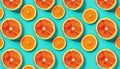 Red orange slices pattern vibrant turquoise color background Minimal fl lay top view food texture grapefruit citrous slice fruit Royalty Free Stock Photo