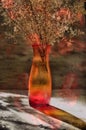 Red orange vase with dried flowers on background casting shadows . Retro noise haze effect. Minimal modern interior decoration